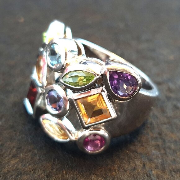 Vintage Mosaic Multi-Natural Gemstone Sterling Silver Statement Cocktail Ring - Picture 8 of 14